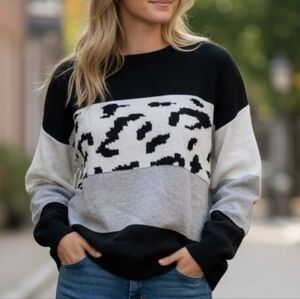 Zessica Black, Gray, Leopard Color-Block Sweater